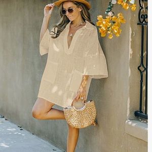 NWT ALMAGEST khaki  V-neck 1/2 sleeve cover-up  shirts, size M.